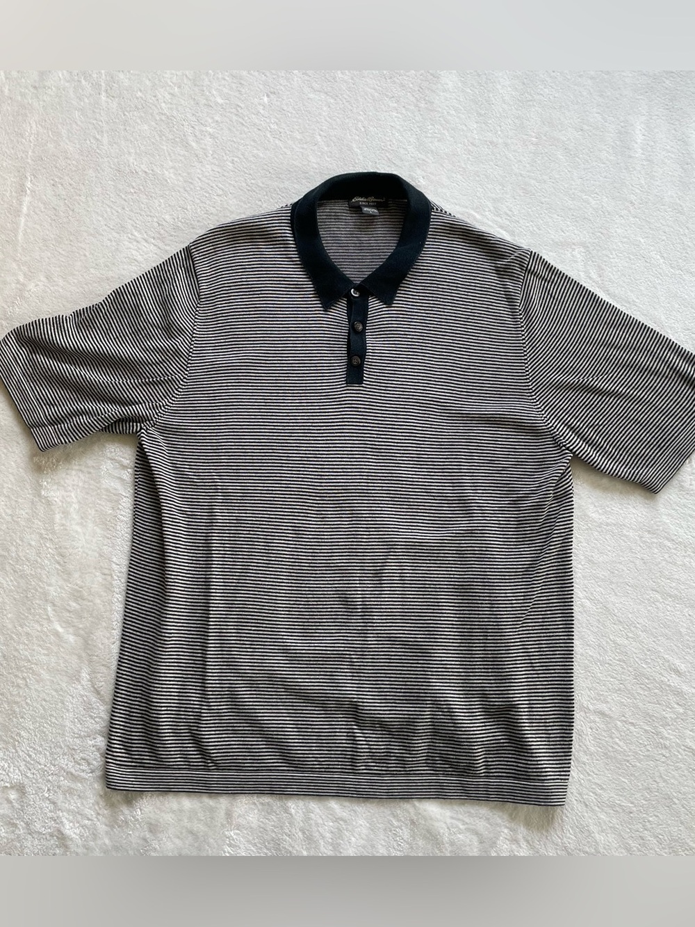 Vintage Eddie Bauer White and Black Stripe Cotton Polo Shirt size L
